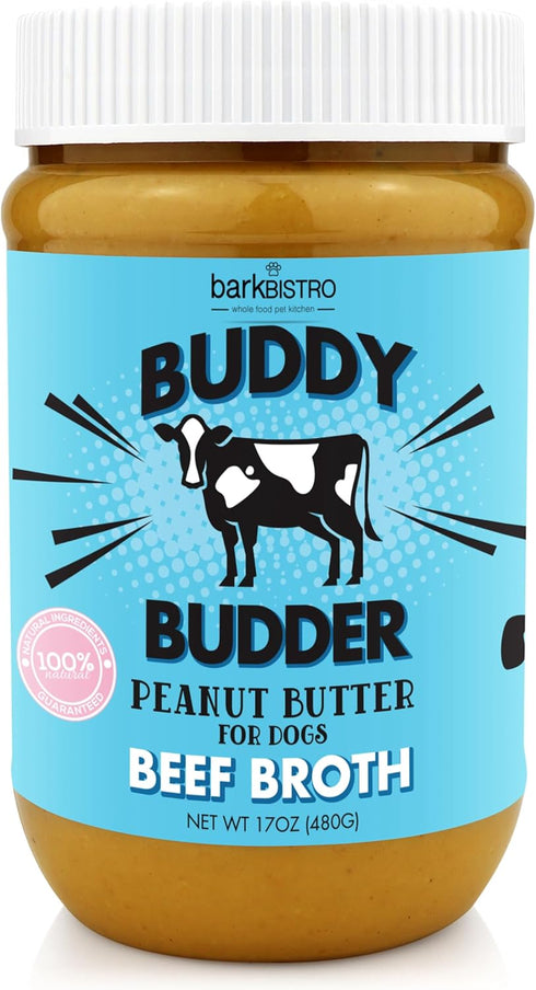 BUDDY BUDDER Bark Bistro Company, Beef Broth, 100% Natural Dog Peanut Butter Treats, Made in USA (17oz)