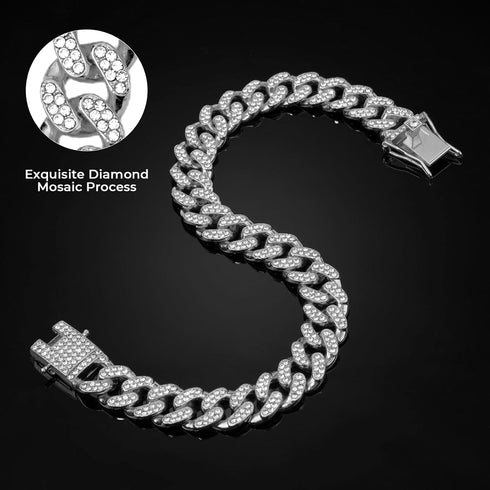 Dog Chain Collar, Silver Dog Necklace Diamond Cuban Link 13mm Wide Metal Pet Collar for Large Medium Small Dogs