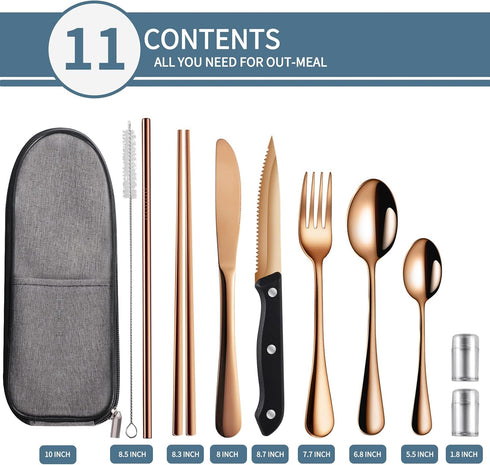 Portable Travel Utensils Set,Reusable Utensils,Travel Camping Cutlery Set,Stainless Steel Flatware Set with Case,Lunch Boxes Workplace Camping School Picnic (Rose Gold) by Logcow