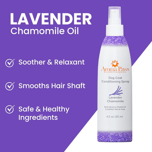 Dog Coat Conditioning Spray - Pet-Friendly Detangler with Natural Essential Oils for Dogs - Lavender Chamomile 4.5 oz.