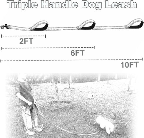 3 Handle Dog Leash, 10FT Triple Handle Reflective Leash with Padded Traffic Handles, Heavy Duty Training Lead (Black)