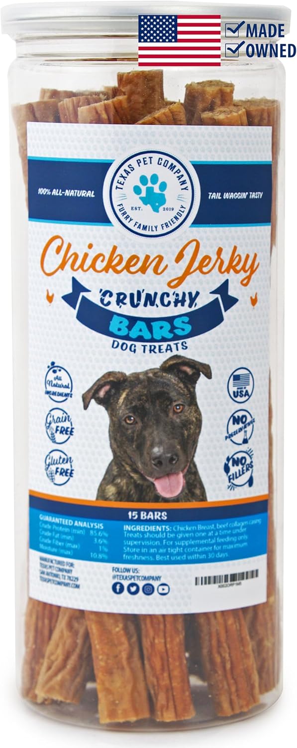 Texas Pet Company Chicken Jerky Crunchy Bars Dog Treats - Made in The USA, 15 Bars, Natural No Additives