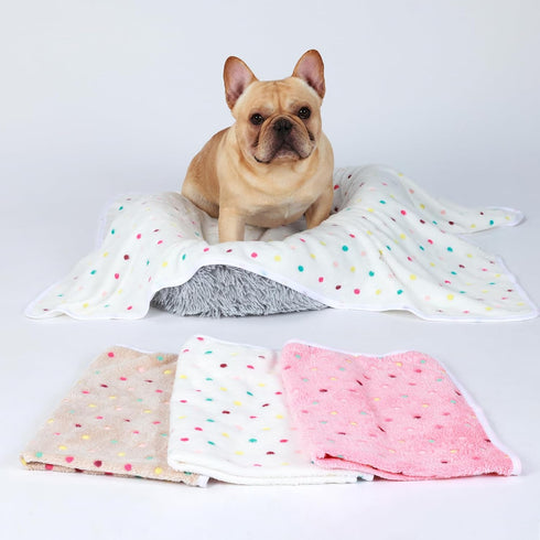1 Pack 3 Blankets - Super Soft Cute Dot Pattern Pet Blanket - Flannel Throw for Dog Puppy Cat - Beige/Brown/Pink Medium