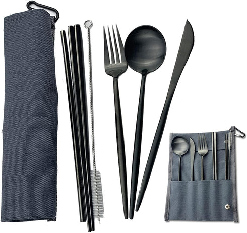 JASHII Portable 7-Piece Camping Cutlery Set, 304 Stainless Steel Utensils including Knife Fork Spoon, Black - Blue Pouch