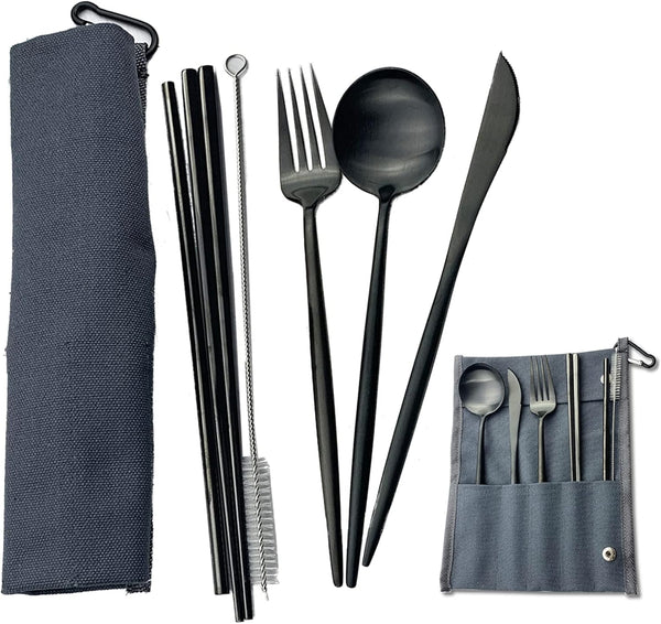 JASHII Portable 7-Piece Camping Cutlery Set, 304 Stainless Steel Utensils including Knife Fork Spoon, Black - Blue Pouch
