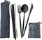 JASHII Portable 7-Piece Camping Cutlery Set, 304 Stainless Steel Utensils including Knife Fork Spoon, Black - Blue Pouch