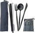 JASHII Portable 7-Piece Camping Cutlery Set, 304 Stainless Steel Utensils including Knife Fork Spoon, Black - Blue Pouch
