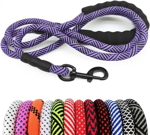 MayPaw Heavy Duty Rope Dog Leash - 3/4/5/6/7/8/10/12/15 FT Nylon Pet Training Leash, Soft Padded Handle, Purple Black