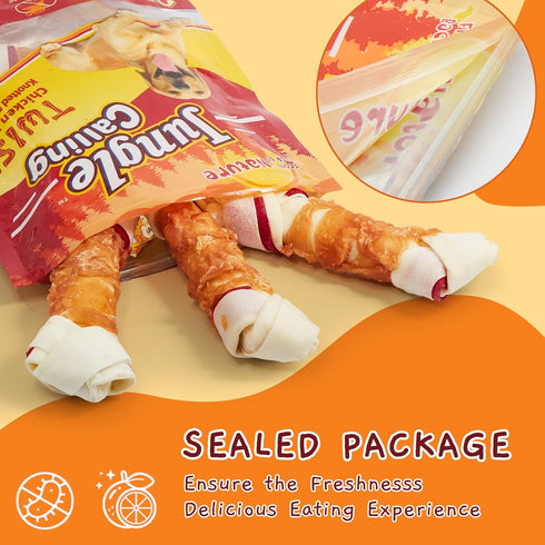 Jungle Calling Chicken Wrap Knotted Bones - 6.5" Pack of 4, Long Lasting Beefhide Treats for Large Dogs