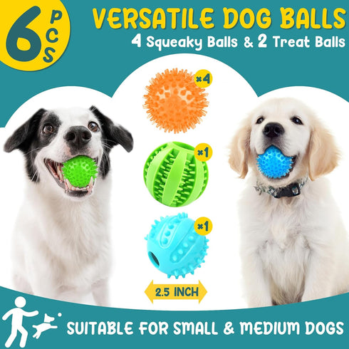 PatsFran 6 Pack 2.5" Puppy Toys for Teething, Interactive Dog Toys, Squeaky Dog Balls and Treat Balls, Dog Chew Toys
