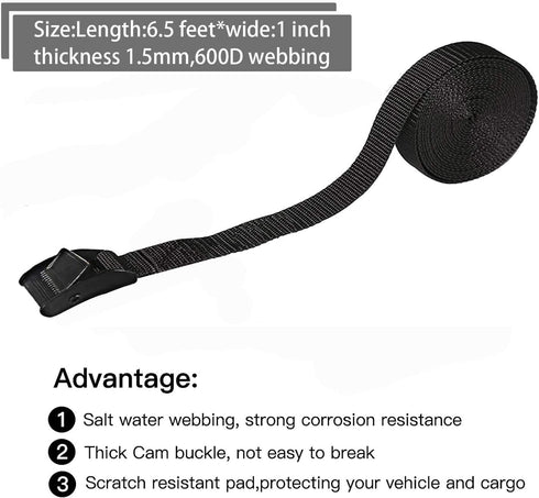 Premium Lashing Strap Short 1" x 6.5 ft, Heavy Duty Cam Buckle Tie Down Straps for Motorcycle, Cargo, Trailer