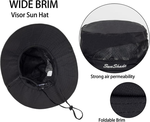 Women's Summer Beach Hat, Wide Brim Outdoor UV Protection Packable Mesh Bucket Hat with Ponytail Hole