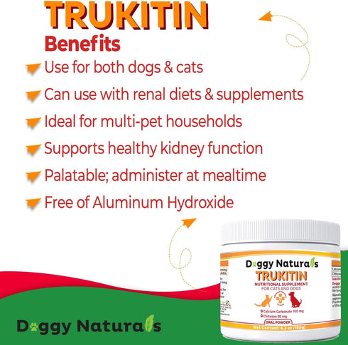 Trukitin Chitosin Based Phosphate Binder for Cats & Dogs, Natural Renal Support Supplement, Made in U.S.A