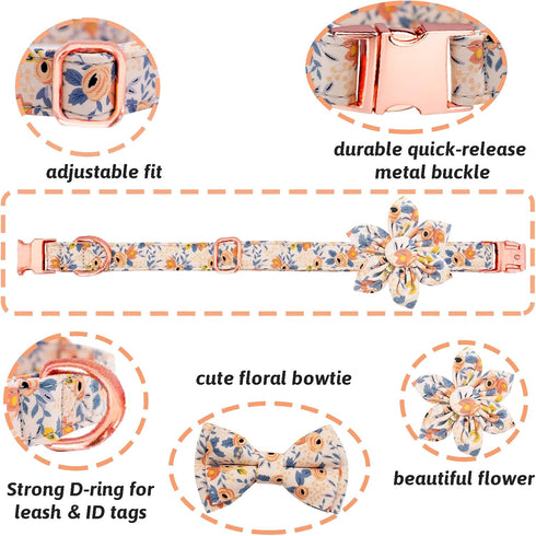 Adjustable Dog Collar and Leash Set for Girls, Floral Bow Tie for Small, Medium, Large Female Dogs, Orange Flower, XS
