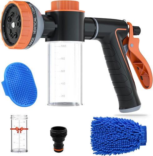 Pup Jet Dog Wash - 10 Sprayer Pattern Hose Attachment for Outdoor Dog Bathing with Soap Dispenser