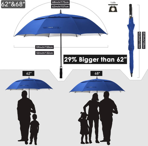 Large UV Protection Golf Umbrella, Windproof Rain/Sun, 54/62/68 Inch