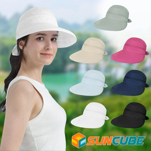 SUN CUBE Women Wide Brim Sun Hat for Outdoor UV Protection, Convertible Zip-Off Beach Hat Ponytail Visor