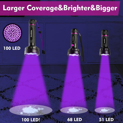 EverBrite UV Flashlight, 100 LED Blacklight Flashlight, 395nm for Pet Urine Detection, Batteries Included