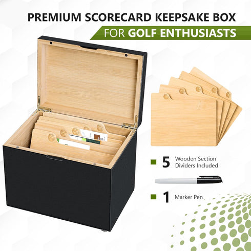 Golf Scorecard Collection Box with 5 Wooden Dividers - Organizer for Scorecards, Photos, Keepsakes; Great Gifts for Dads