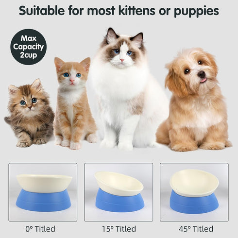 Bulldog Bowl Anti-Slip Dog Cat Dish, Detachable Rubber Pet Feeder, Tilted Base, Blue, 2 Cup