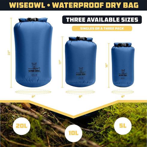 Wise Owl Outfitters Waterproof Dry Bag Carrier Case - Fully Submersible 1pk or 3pk, Ultra Lightweight Airtight Bags