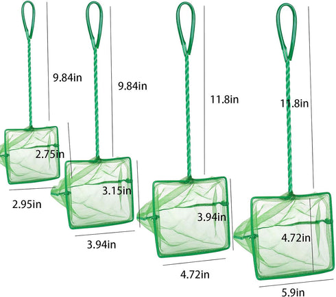 4 Pack Fine Quick Catch Mesh Nylon Fishing Nets with Plastic Handle for Fish Tank - Green (3in, 4in, 5in, 6in)