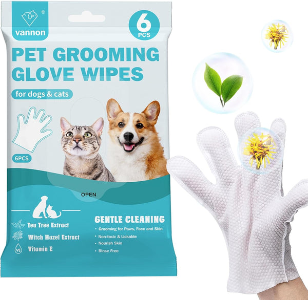 Extra Thick Pet Bathing Wipes for Dogs & Cats - Cleaning & Deodorizing Grooming Gloves, Rinse Free, Unscented, 6 PCS