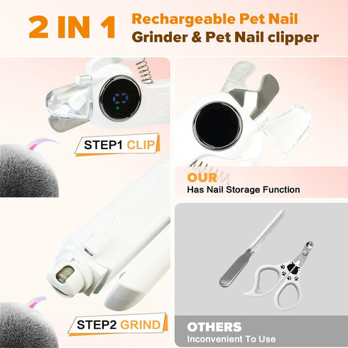 2-in-1 Trimming Dog Nail Clippers with Light & Digital Display Upgraded Pet Nail Grinder, Safety Guard, USB