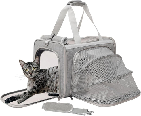 Expandable Grey Cat Carrier - Small Dog Bag for Traveling, Bunny Rabbit Purse, TSA Airline Approved