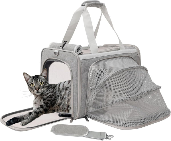 Expandable Grey Cat Carrier - Small Dog Bag for Traveling, Bunny Rabbit Purse, TSA Airline Approved