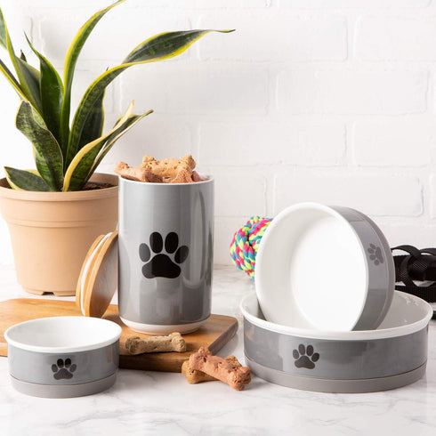 Bone Dry Ceramic Pet Bowls, Microwave & Dishwasher Safe, Non-Slip Bottom, Small Bowl Set, 4.25x2, Gray/Black, 2 Count