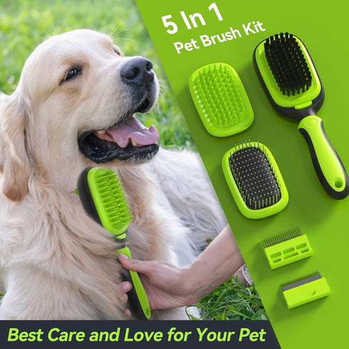Pet Grooming Brush, Double Sided Detachable Shedding Dog Cat Brush, 5 in 1 Dog Grooming Brush for Shedding Long & Short Haired Dogs, Hair Removing, Bath&Massage, Reduce 95% Shedding Hair