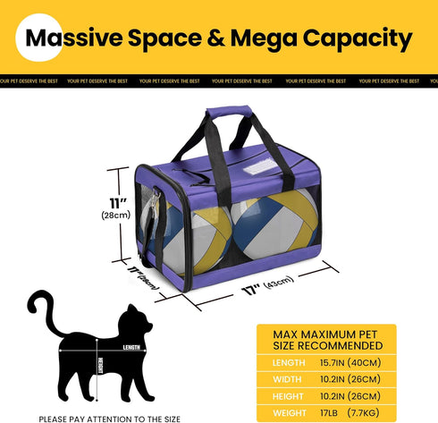 Soft-Sided Cat Carrier, Airline Approved Dog Carrier with Inner Safety Leash for Small-Medium Pets (Purple M)