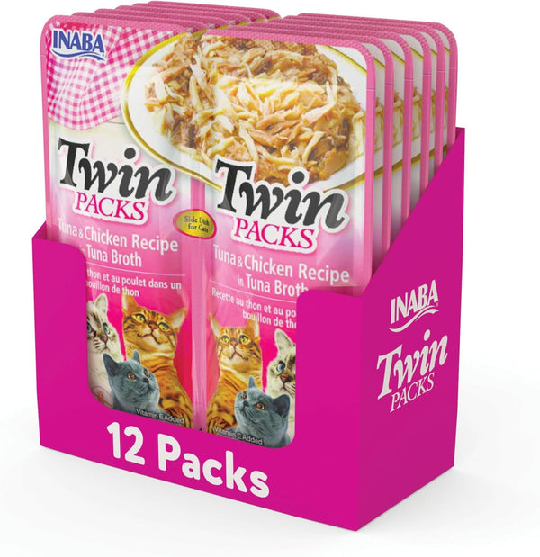 INABA Twin Packs for Cats, Shredded Chicken & Broth Gelée Side Dish Pouch, 1.4 Ounces, 12 Pouches, Tuna & Chicken