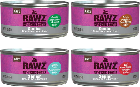 '-12 Pack Pack -4 (5.5 oz Rawz Natural Premium Pate Canned Wet Food for Senior Cats Cans Variety Flavor Bundle Flavors