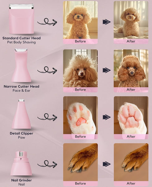 Roiffcly 4 1 Trimmer Trimming Dog Clippers Grooming Kit, in Quiet Cordless Dog Paw & Nail Grinder, Small Cat Clippers