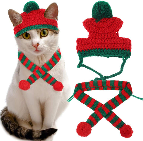 Cat Christmas Costume, Knit Pet Hat and Holiday Scarf, Winter Cat Outfits