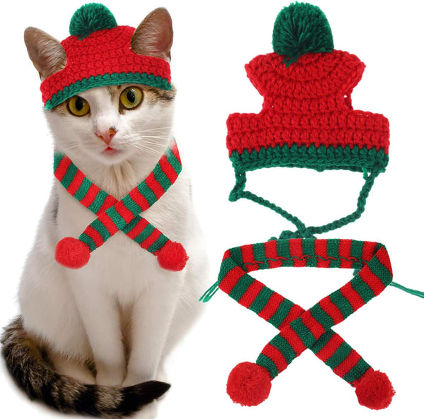 Cat Christmas Costume, Knit Pet Hat and Holiday Scarf, Winter Cat Outfits