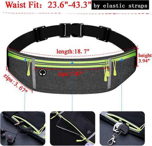 Waist Pack Sport Running Belt with Adjustable Strap - Grey, 4 Pockets for Running, Hiking, Travel