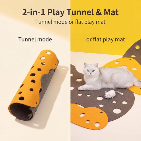 ZEZE Cheese Cat Tunnel for Indoor Cats, Felt Peek Hole Hide Tunnel Toy with Snap Buttons, Foldable Interactive Cat Play