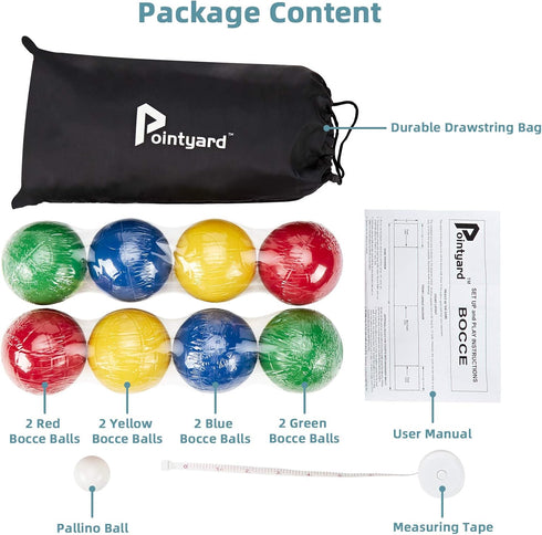 100mm Set, Set 8 Balls/1 Pointyard Bocce Ball Regulation Bocci Ball with PE Bocce Pallino/Carrying Bag/Measuring Tape