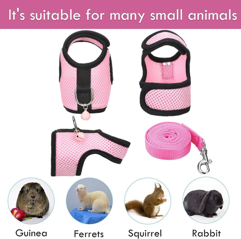SATINIOR 2 Pieces Soft Mesh Harness Leash Vest Set with Bell for Guinea Pig, Ferret, Hamster, Rabbit (Green, Pink, S)