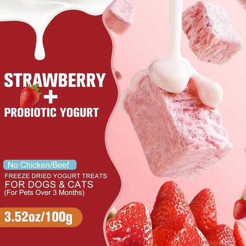 Globalpaw Strawberry100g (3.52oz), 3pcs) Freeze Dried Yogurt Dog Cats Treats Crunchy Snacks with High Protein Yogurts