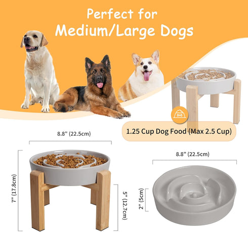 8.8 inch Elevated Slow Feeder Dog Bowl - Puzzle Maze Dish with Bamboo Stand - Raised Ceramic Food Bowl for Medium