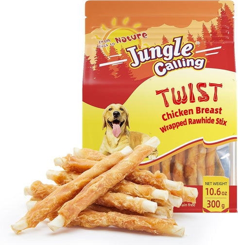 Snacks,10.6 oz Jungle Calling Dog Treats, Chicken Wrapped Rawhide Sticks for Dogs, Grain-Free Natural Small Dogs