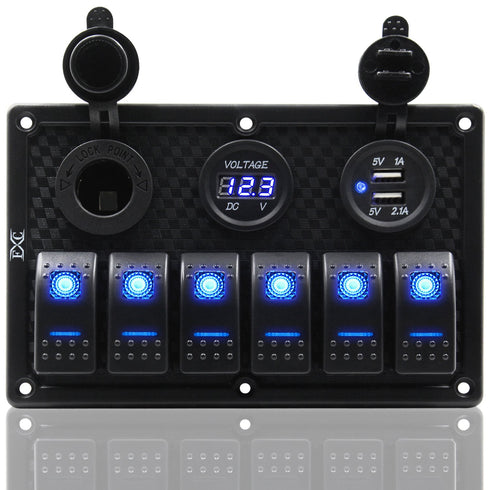 FXC Waterproof Marine Boat Rocker Switch Panel 6 Gang with Dual USB + Cigarette Lighter