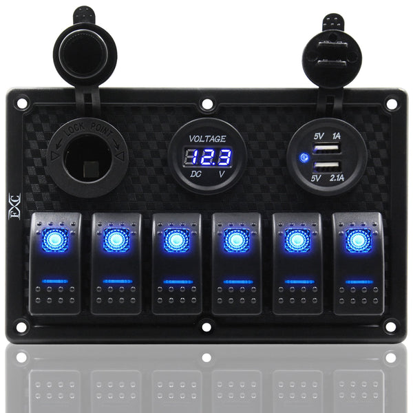 FXC Waterproof Marine Boat Rocker Switch Panel 6 Gang with Dual USB + Cigarette Lighter