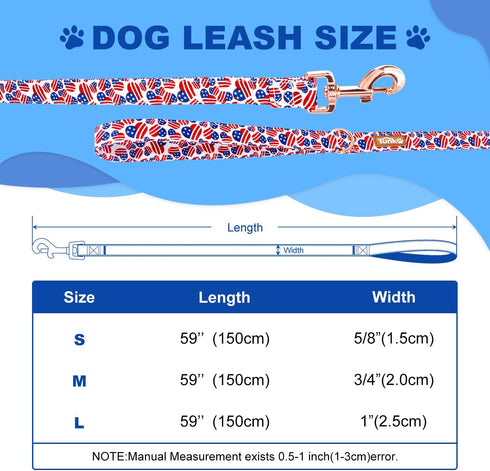 American Flag Dog Leash with Cute Heart Design, Durable Pet Leash with Metal Buckle for Small, Medium, Large Pets