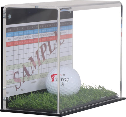 Golf Ball Display Case Stand with Turf Base, for balls from Hole-in-One or Best Score Games with backing to hold the