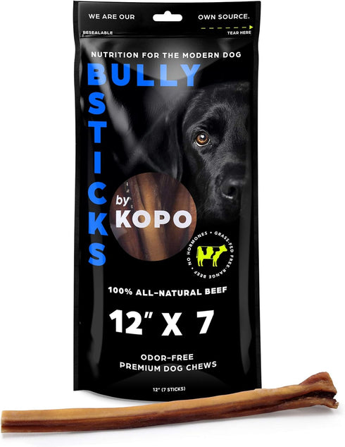 Kopo Bully Sticks, 12-inch (7 Pack) - Odor Free Natural Dog Treats, 100% Beef, Fully Digestible